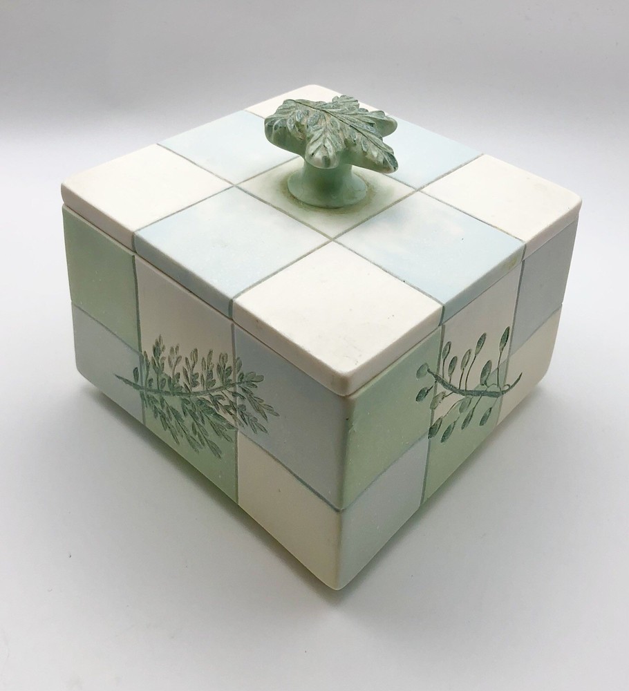 Croscill Rainier Ceramic Vanity Canister W/Checkerboard Pattern & Leaf Knob