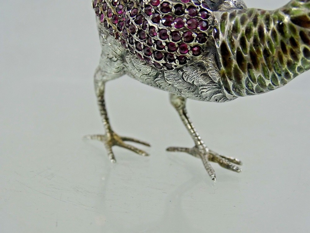 ANTIQUE AUSTRIAN Vienna SILVER ENAMEL MINIATURE BIRD PHEASANT gemset real ruby