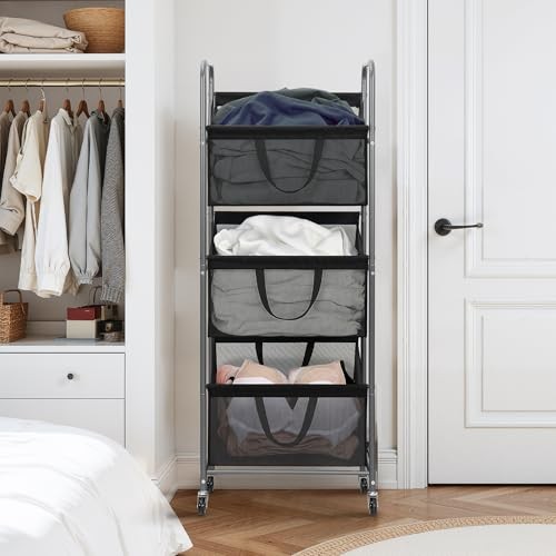 3-Tier Vertical Rolling Laundry Hamper with Removable Bags, 120L Black Mesh