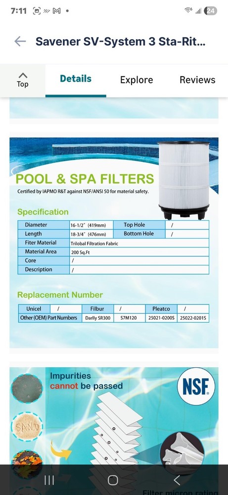 SV-System 3 Sta-Rite System 3 S7M120 Pool Filter Inner&Outer Replacement 25021