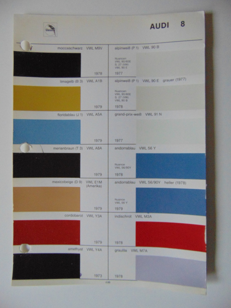 Original Glasurit Audi Paint Chips Sheet - 1973-1979