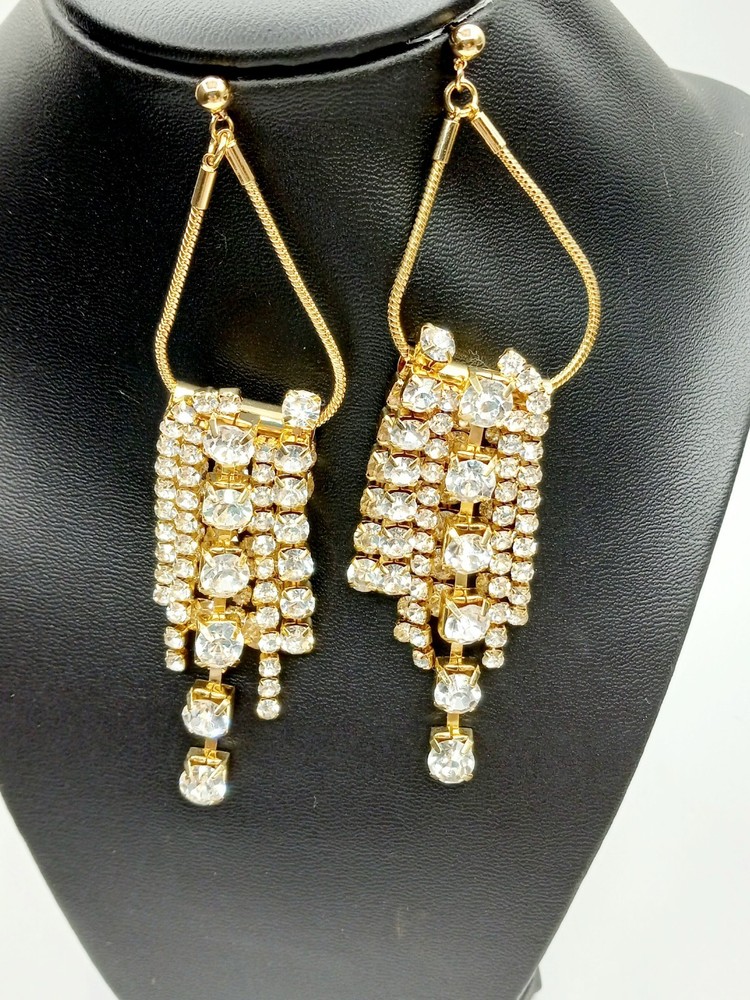 Rhinestone Statement Dangle Earrings Goldtone Posts Layered