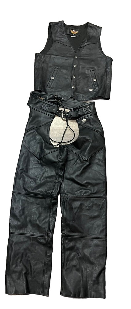 HARLEY DAVIDSON MOTORCYCLE BLACK LEATHER CHAPS & VEST Size Medium