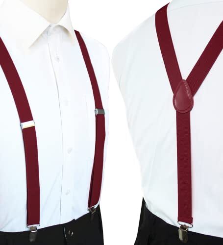 Solid Color Mens Suspender with 3 Strong Clips Adjustable Braces Burgundy