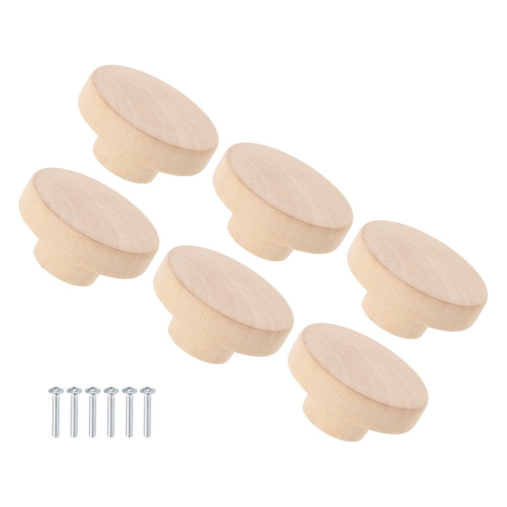 6 Set Round Wood Drawer Knob 2" Diameter Flat Round Dresser Knobs Wooden Knobs