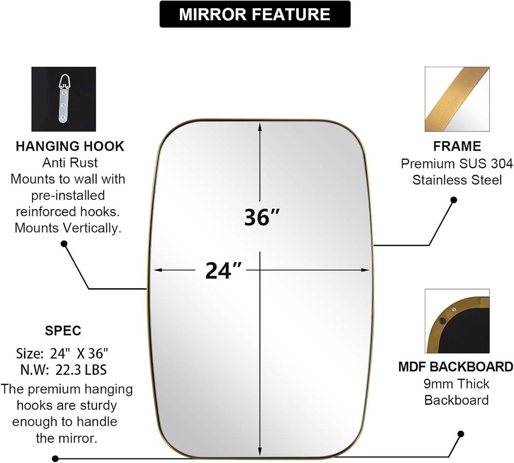 Brushed Gold Oval Bathroom Mirror 24x36 Stainless