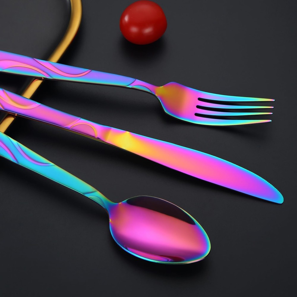 FONGDANLAITE Rainbow Stainless Steel Flatware Set for 6 Ergonomic Silverware Set
