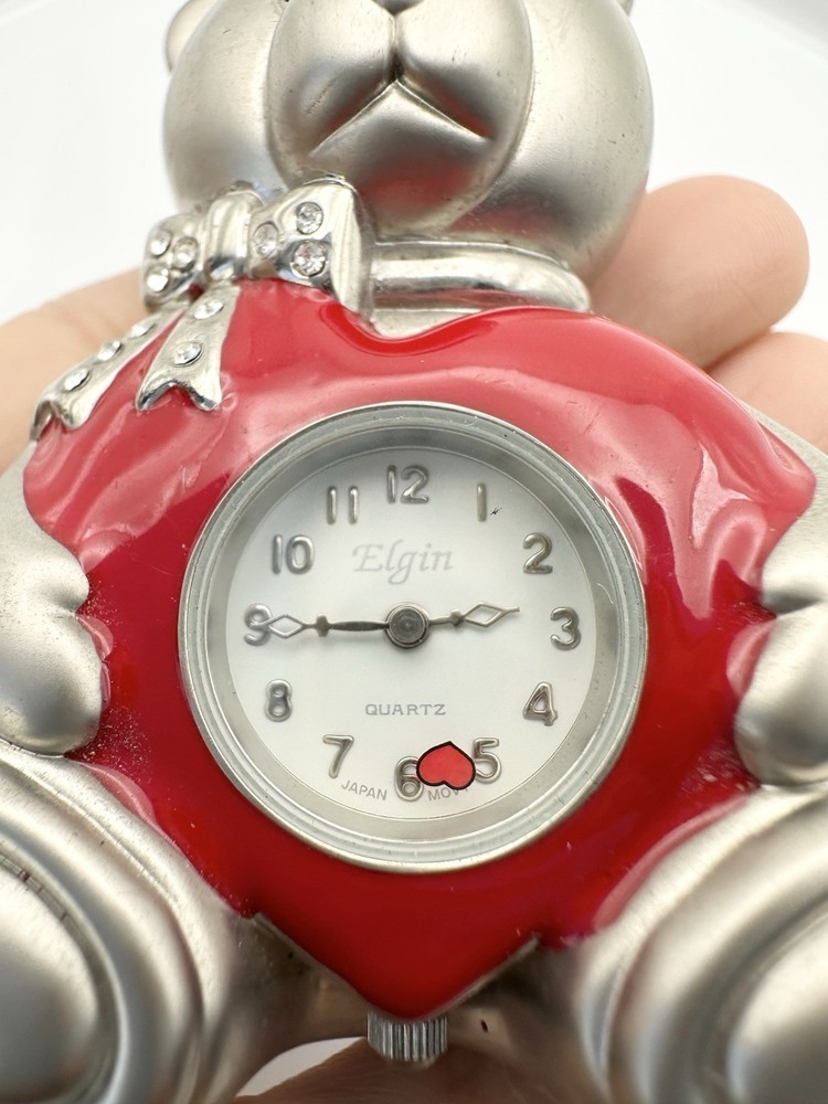 Elgin Collectable Mini Clock TEDDY BEAR & HEART Vintage