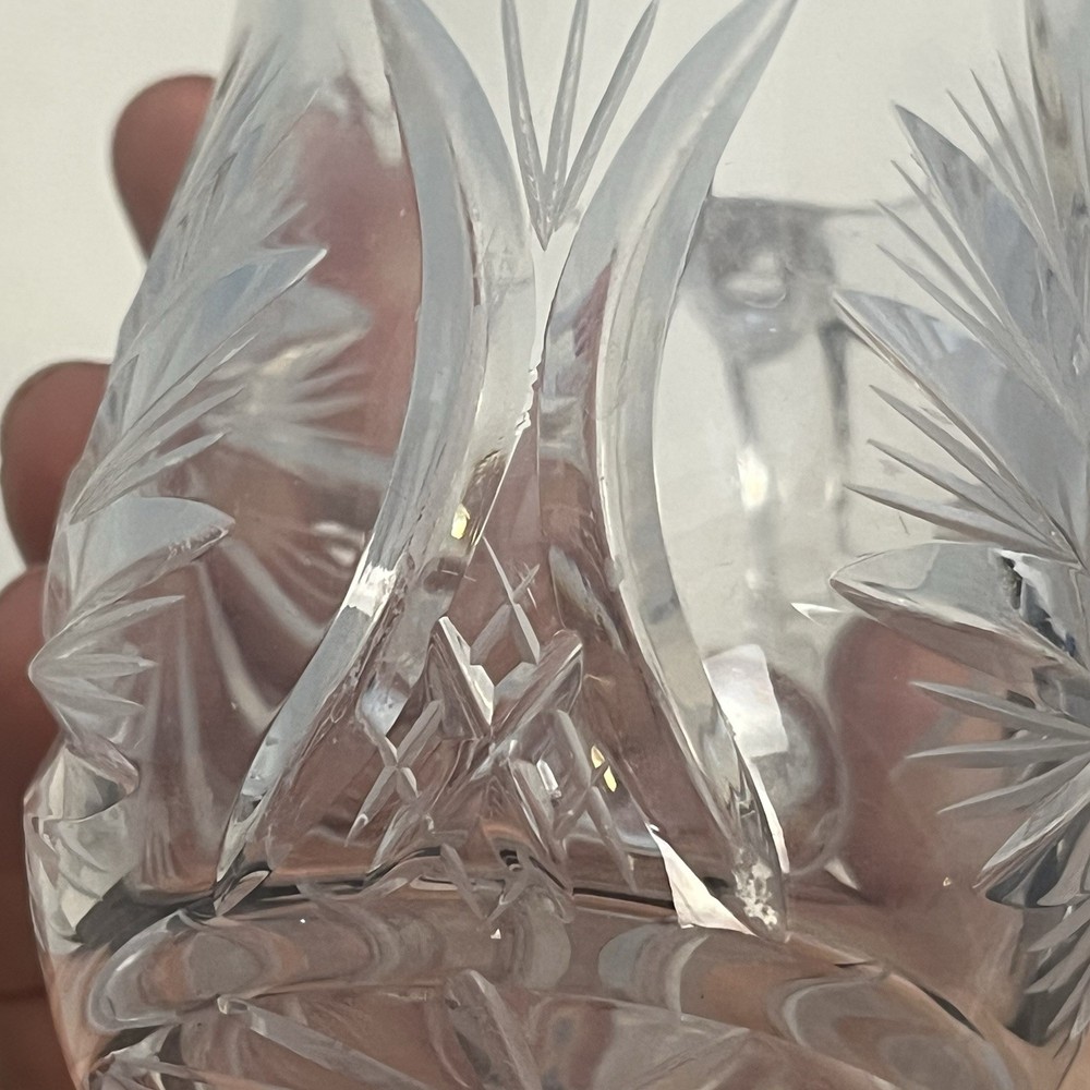 Small Unbranded Cut Crystal Creamer Pitcher Pinwheel Star Pattern Chip On Handle