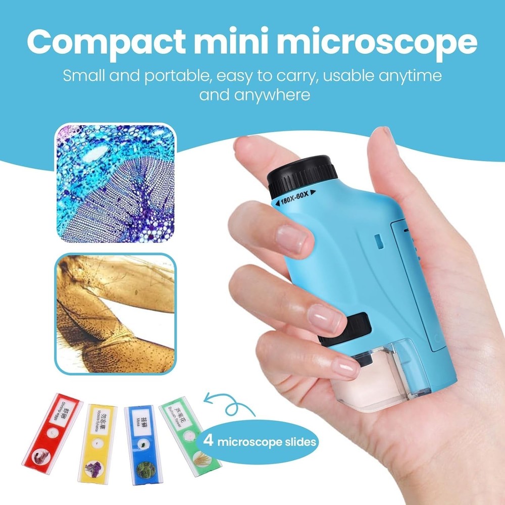 Portable Mini Microscope Handheld 60x-180x Lighted Microscope W/4 Slides, Blue