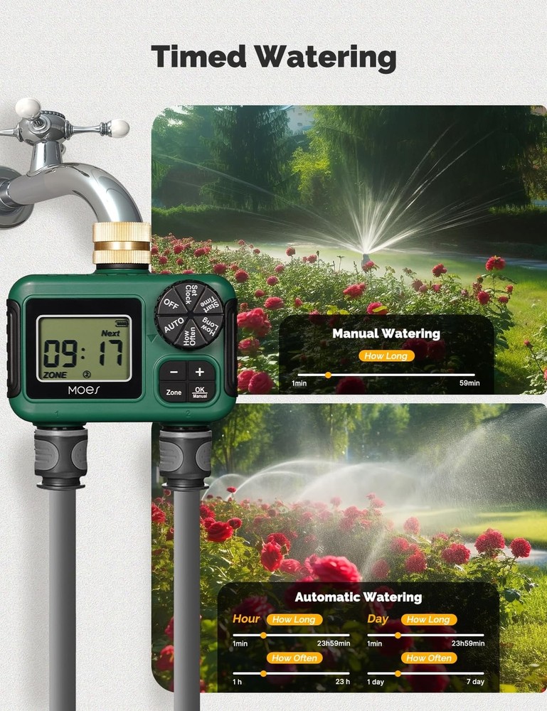 MOES 2 Outlet Sprinkler Timer, Brass Inlet, Programmable Automatic Irrigation...