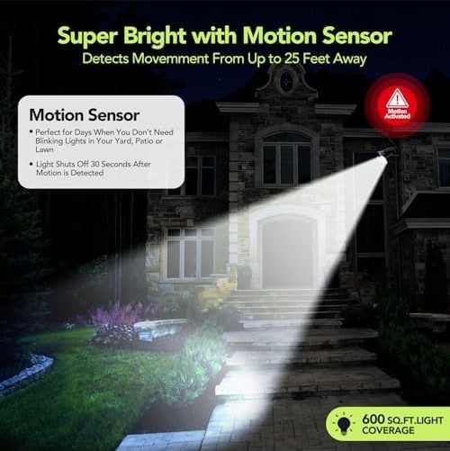 Solar Motion Sensor Flood Light, 6000K Ultra Bright, Adjustable Heads
