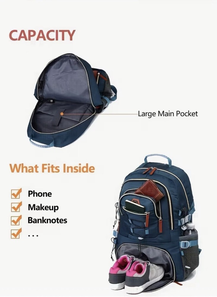 CYMEOE Hiking Backpack Navy Blue Polyester Large Capacity Shoe Compartment