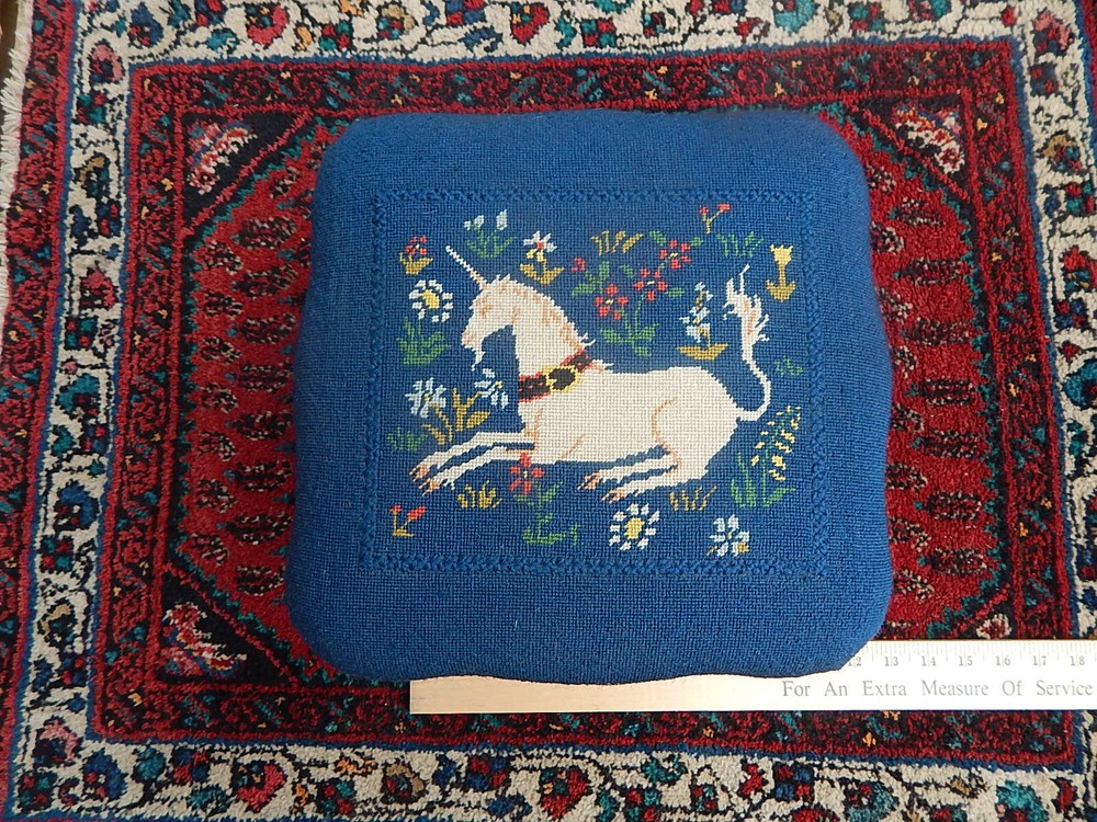 Antique Victorian Unicorn Fine Needlepoint Small Stool