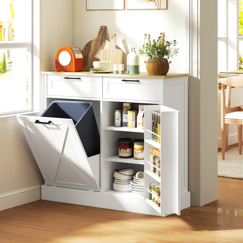 Kitchen Island with Trash Can Storage and Drawers, White