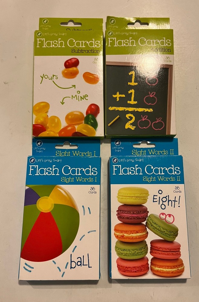 4 Sets Let’s Grow Smart Flash Cards  36 pack Addition Subtraction Slight Words