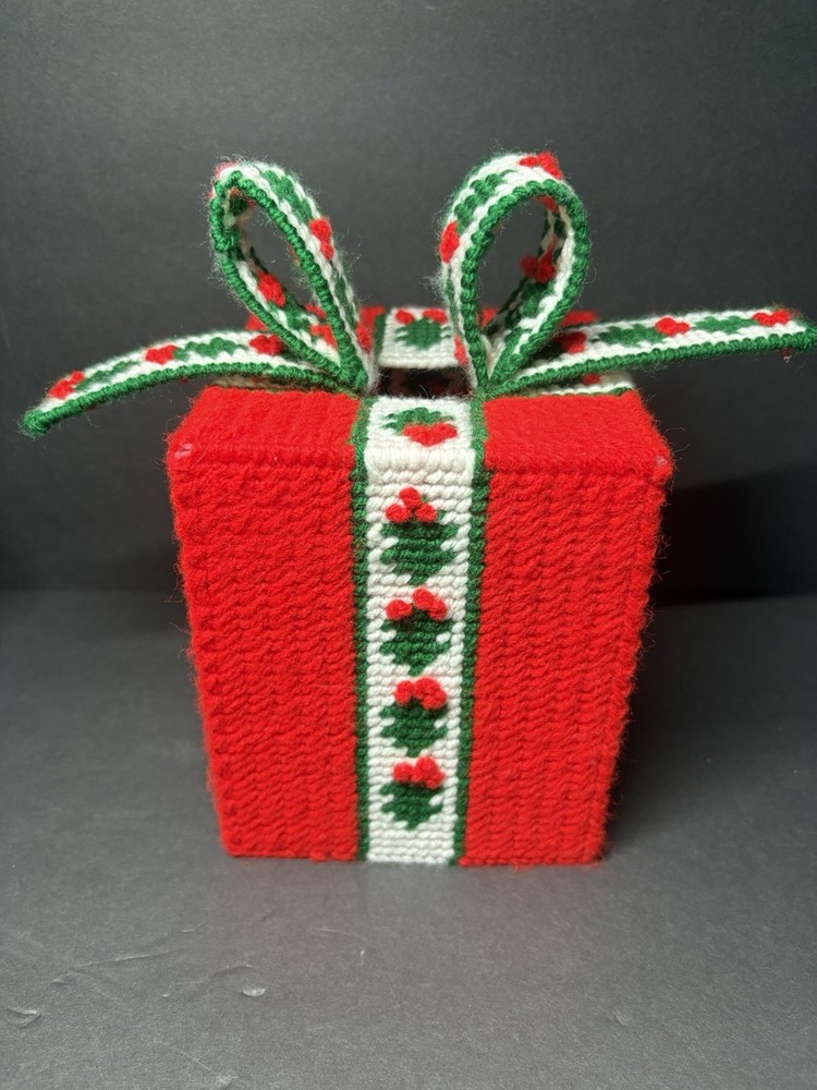 Vintage Needlepoint Plastic Canvas Christmas Present Square Tissue Box Cover