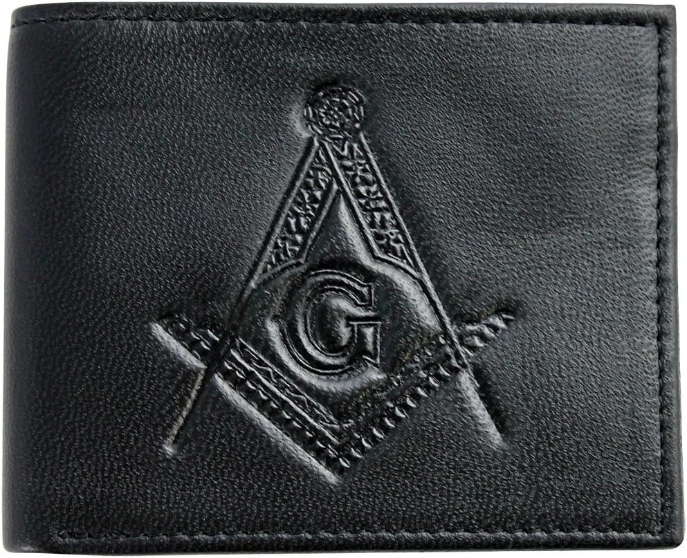 Masonic Leather Wallet RFID Blocking Bifold - Black Embossed Square & Compass