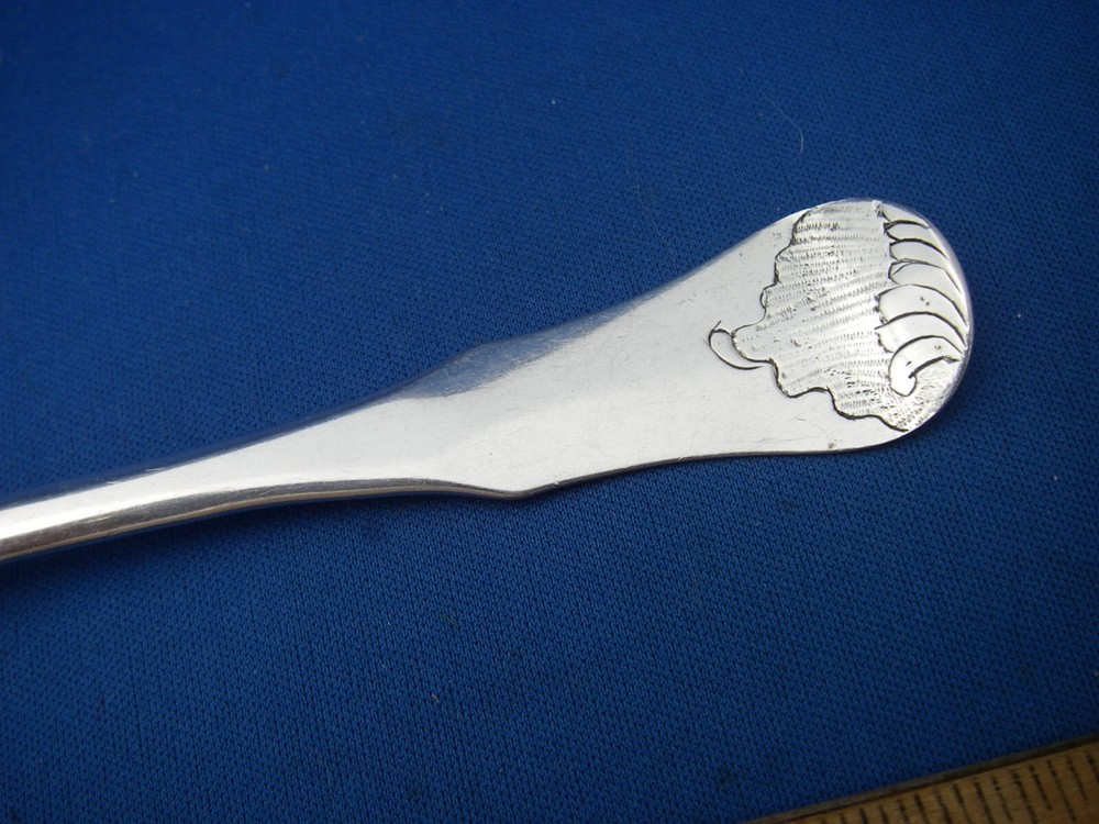 Fine EARLY 18th C GERMAN(?) Silver TABLESPOON-Rococo Engraved Shells, Marked HB