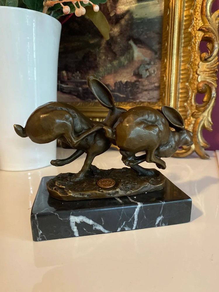 Bronze Sculpture Running Rabbits on Black Marble Base After Nick
