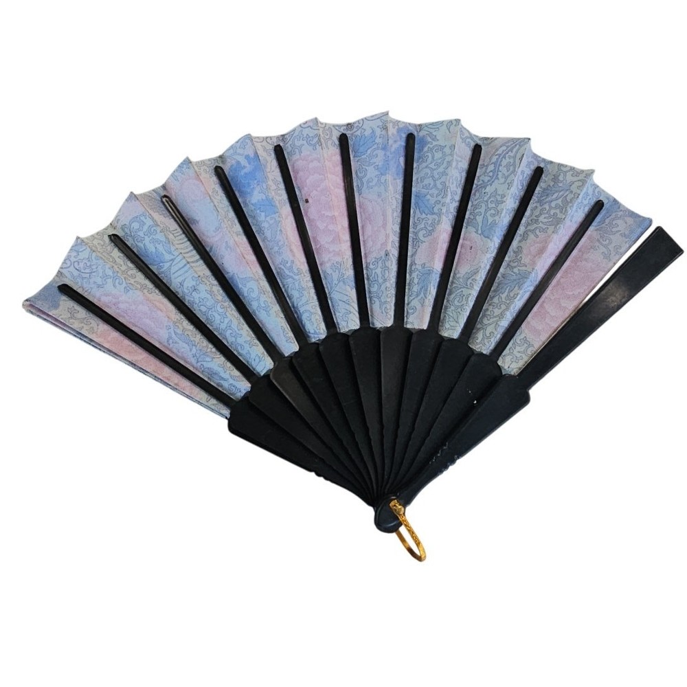 Handheld Decorative Folding Fan - Floral Pattern Black Handle Summer Accessory