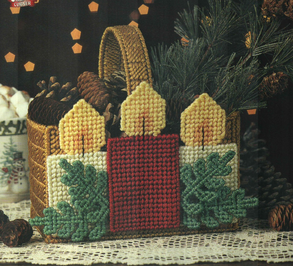 CANDLE BASKET CHRISTMAS DECOR PLASTIC CANVAS PATTERN INSTRUCTIONS