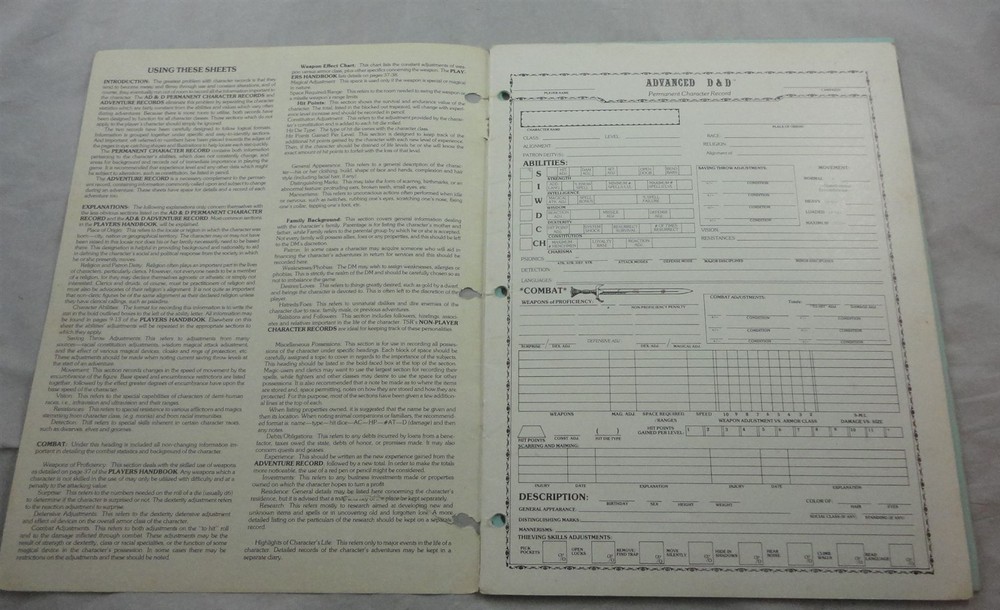 Advanced Dungeons & Dragons TSR9029 Permanent Character Folder/Adventure Record