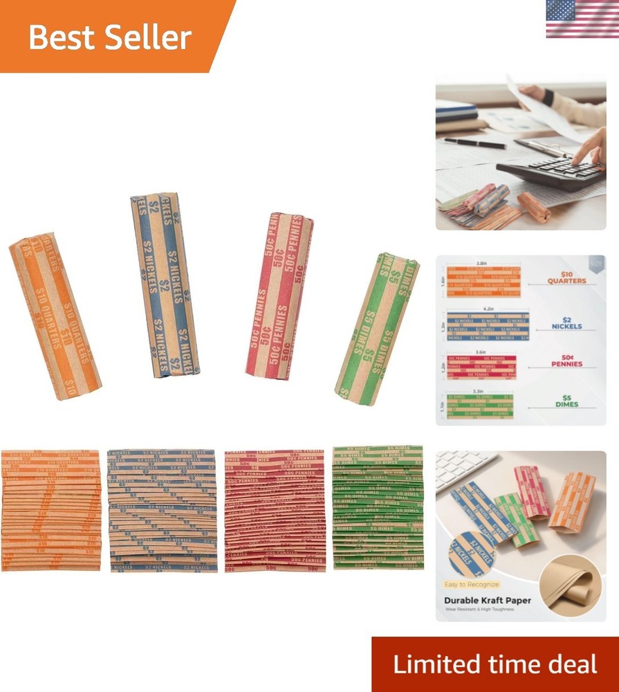 Flat Coin Roll Wrappers - 100 Assorted, Including Quarters, Dimes, Nickels