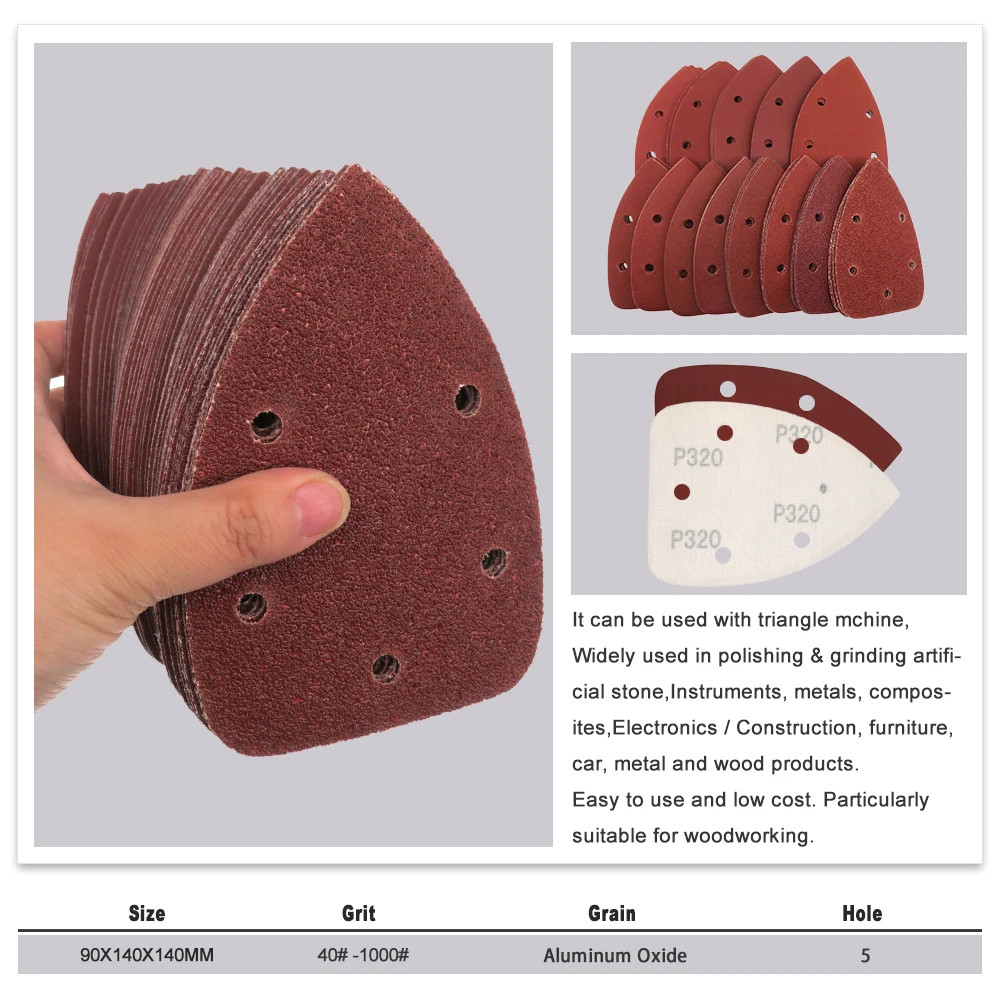 140*90*mm 5Hole Sanding Sheets Triangle Red Sandpaper Hook & Loop 40 -1000 Grits