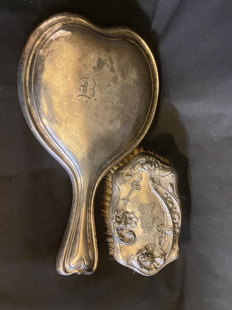Vintage Silver Plate Hand Mirror And Brush Set Engraved Monogram On Both