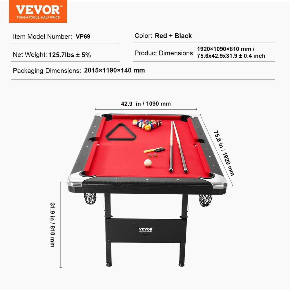 Billiards Tablewith Balls, Cues 6.3 ft Pool Table, Foldable Space-Saving Table
