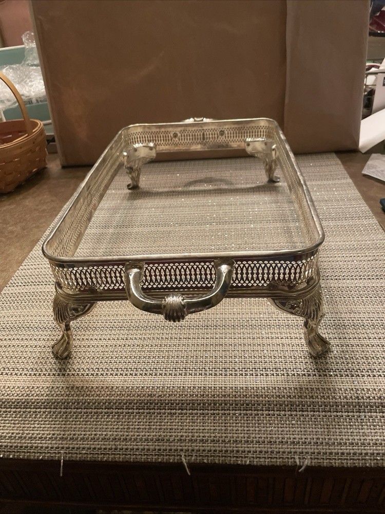 TRAY Silverplate Rectangular  Ornate Handles Feet 13” X 8”