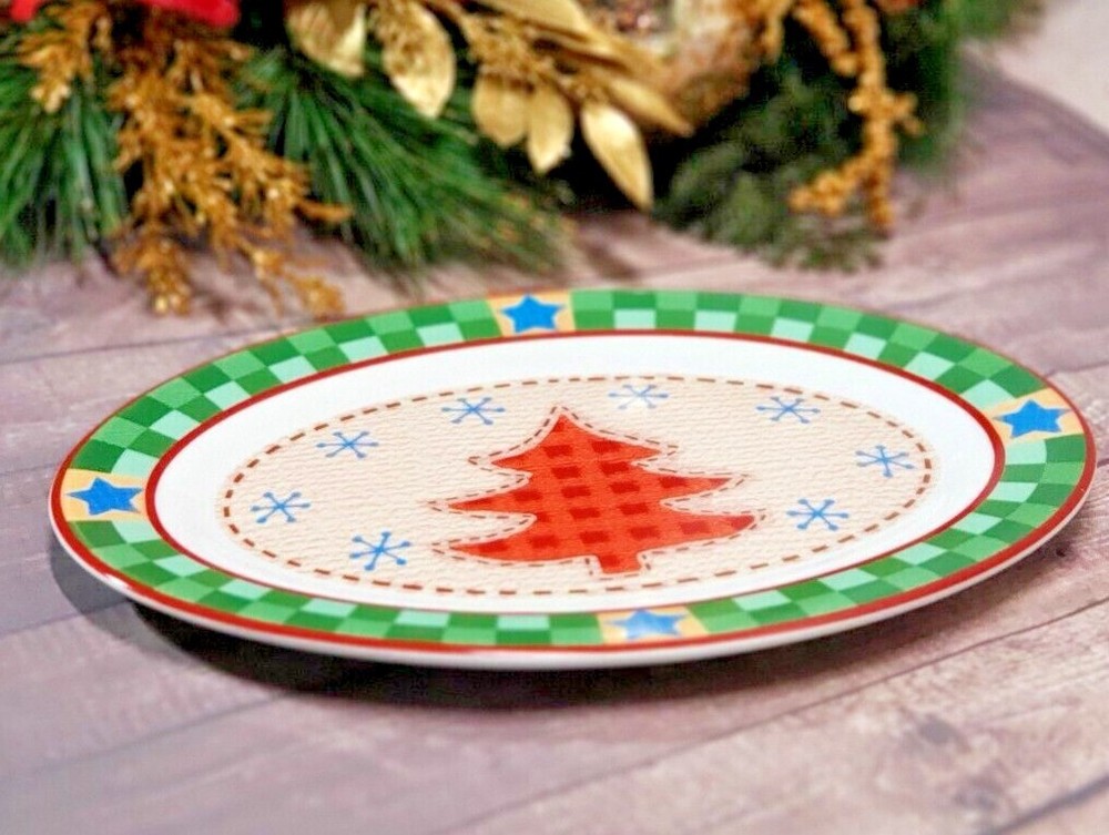 Christmas Tree Sewing Quilt Pattern Platter Serving Plate Party Display - Rare