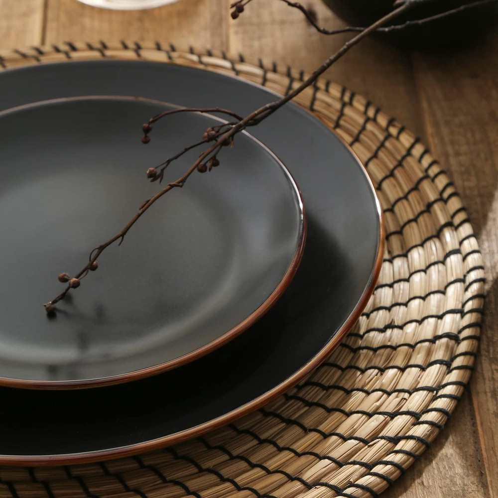 Brasa Stoneware 16 Piece Modern Dinnerware Set Plates & Bowls Service 4 Black