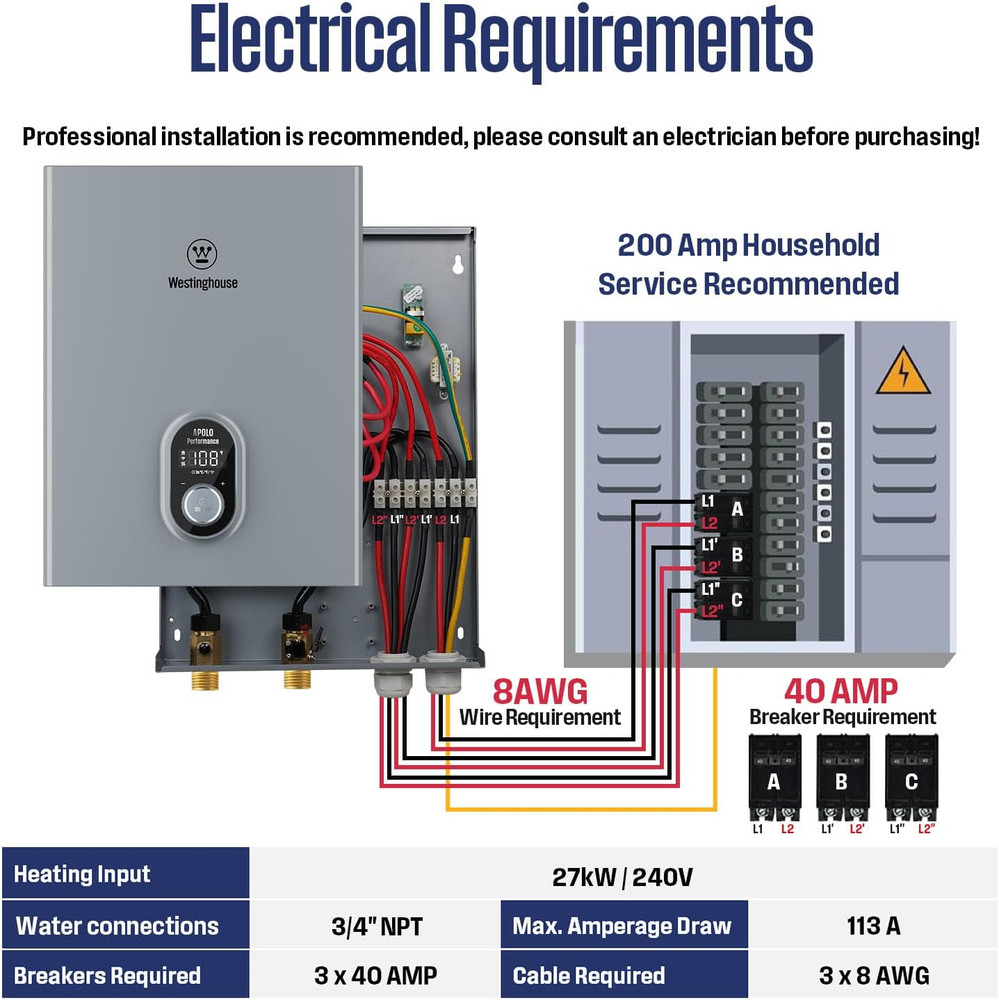 Westinghouse 27Kw 240V Tankless Water Heater Electric, Instant Hot Water Heater,