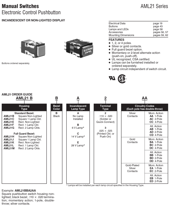 Honeywell Microswitch - AML21BBA2AA - Switch, Pushbutton, AML 21 Series. 125VAC
