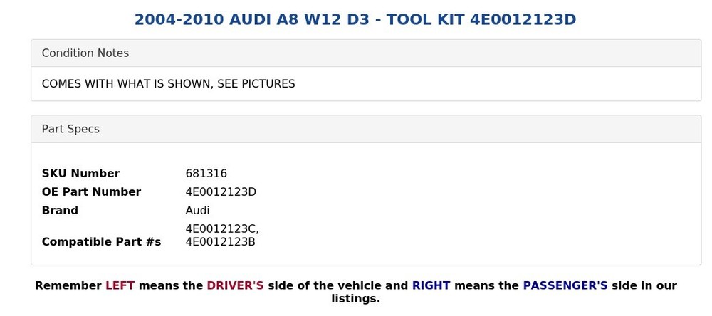 2004-2010 AUDI A8 W12 D3 - TOOL KIT 4E0012123D