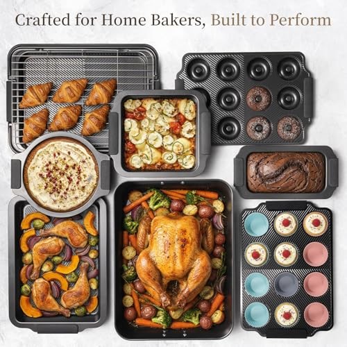 25 PCS Stackable Baking Pans Set, Non-stick Bakeware Sets with Silicone Black
