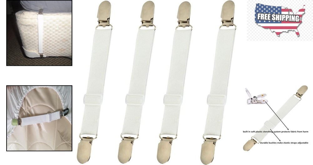 Adjustable Elastic Bed Sheet Clips - Durable 4 Pcs Set for Wrinkle-Free Comfort