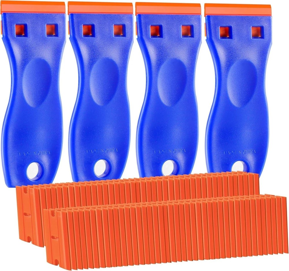 Plastic Razor Blade Scraper 4 Pcs and 120 Pcs Blades, Remove Label Decal Tool.