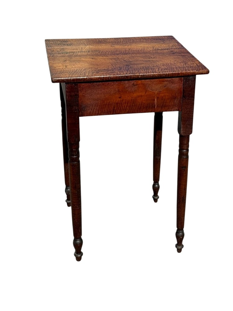 Antique tiger maple side table work stand 1 drawer sheraton 1820