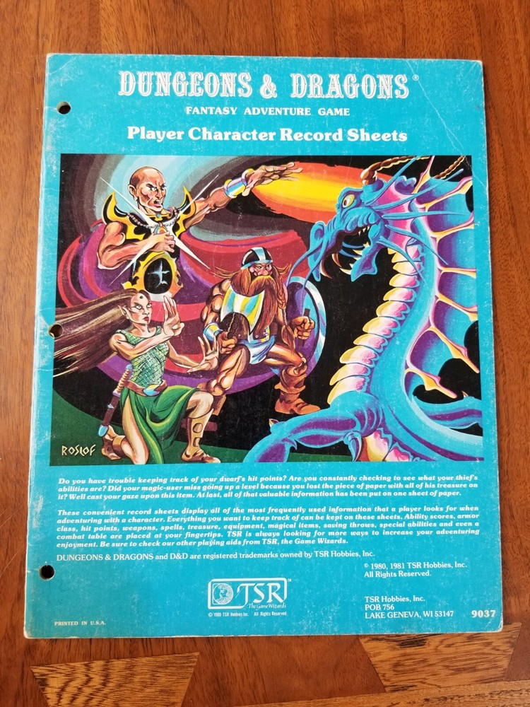 D&D Player Character Record Sheets TSR 9037