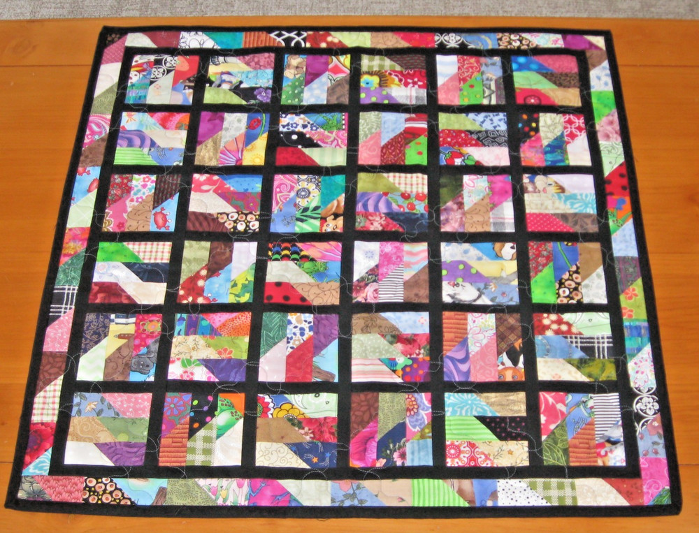 Quilted Table Topper, Scrappy Rectangles, Black Sashing