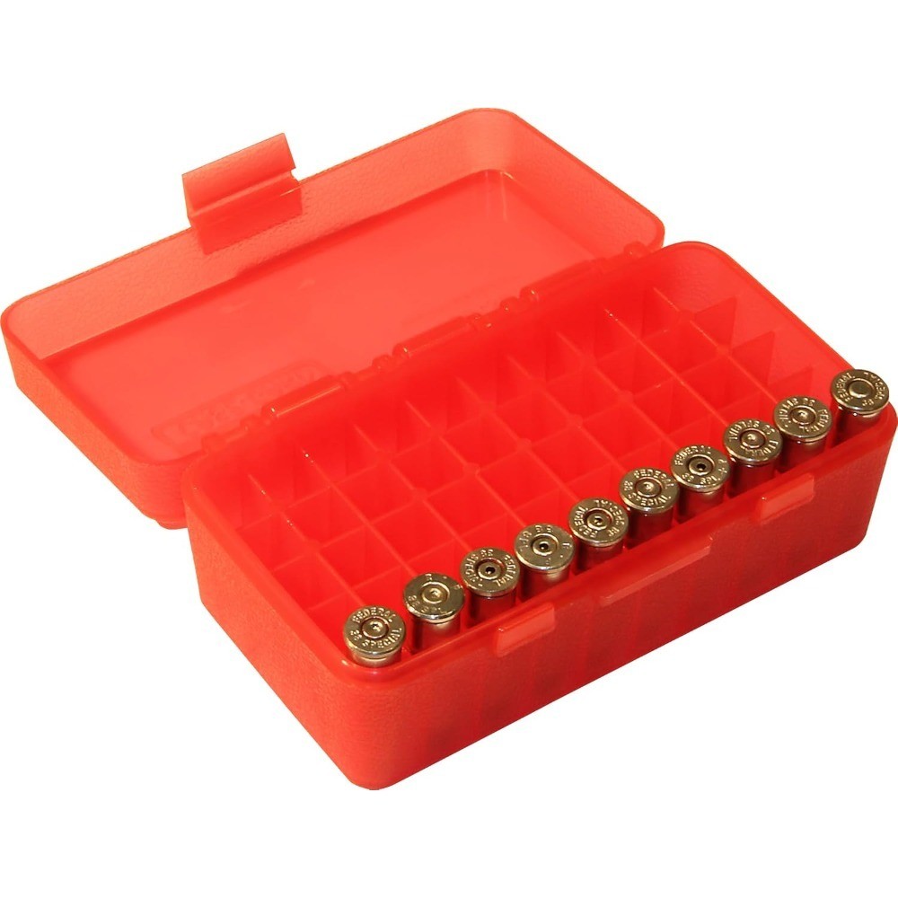 Medium Handgun Ammo Storage Box Holds 50 Rounds Clear Red Plastic Case