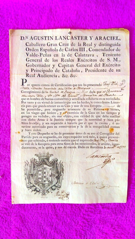 Official Document, Hunting Permit 1797, Very Rare