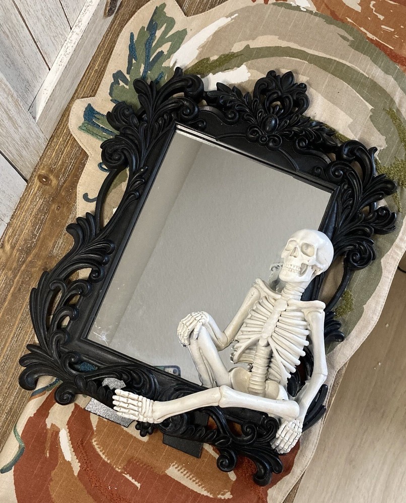 Skeleton Mirror | Halloween Gothic Decor | Ornate Black Framed Mirror