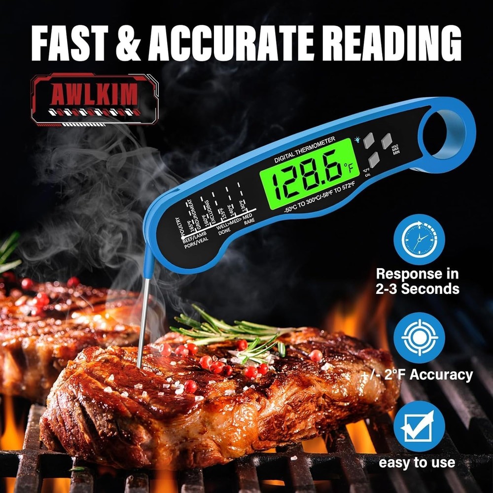 Blue Waterproof Digital Meat Thermometer with Fast Backlight Reading Feature