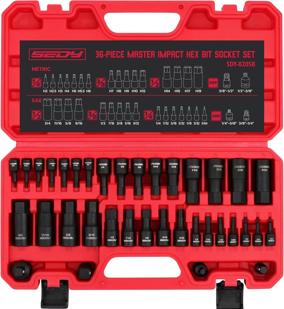 Durable 36-Piece Allen Impact Socket Set - Complete with Storage Case & Adapters