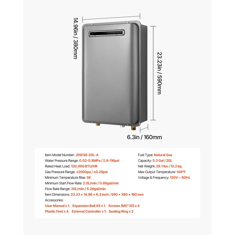 Uimoso Natural Gas Tankless Hot Water Heater 120,000 BTU Instant Outdoor 5.3 gal