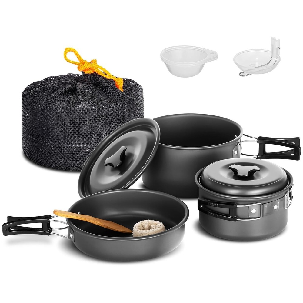 Lixada 10pcs Camping Cookware Mess Kit, Non-Stick Lightweight Stackable Pot P...
